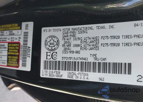 2018 Toyota Tundra Sr5 Plus 5.7L V8 из США, поврежденный, VIN 5TFDY5F19JX749461